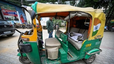 A view of the damaged auto-rickshaw kept at Sarita Vihar Police Station following the accident. (Sanchit Khanna/HT Photo)