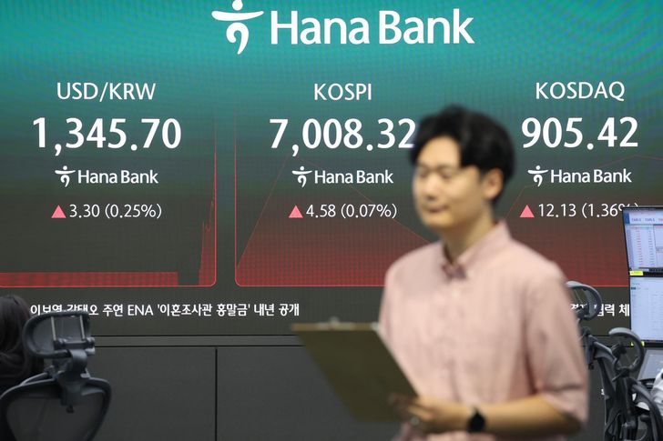 A screen at the dealing room of Hana Bank’s headquarters in Seoul shows the KOSPI indices and exchange rate, Tuesday. Yonhap