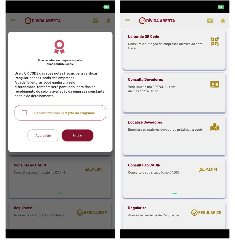O app Dívida Aberta reúne ferramentas para pesquisar débitos inscritos na União — Foto: Reprodução/Dívida Aberta