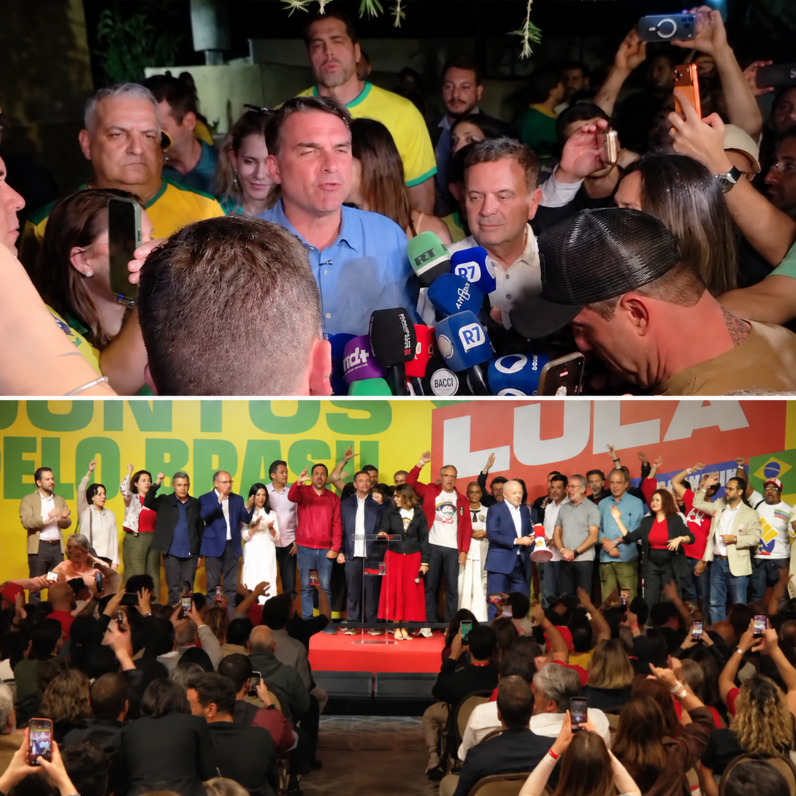 Falas de Fl&aacute;vio Bolsonaro (PL, acima) e Luiz In&aacute;cio Lula da Silva (PT, abaixo) ap&oacute;s resultados do 1&ordm; turno