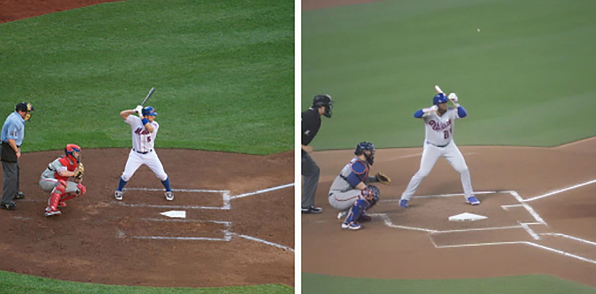 Two images of a batter, catcher and umpire at home plate. On the left is the original, on the right is a re-creation based on a brain scan.